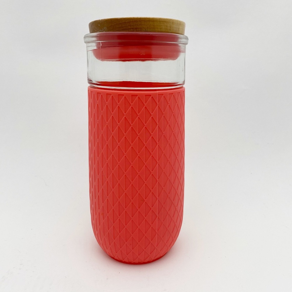 Ello Devon Glass Tumbler Silicone Sleeve Wood Lid Reusable Water Bottle 18oz